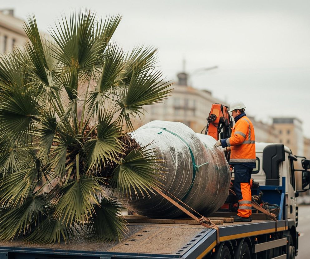 Duża, zielona palma z szeroko rozłożonymi liśćmi dominuje lewą stronę kadru, wyrastając z owiniętej białą folią bryły korzeniowej, która jest zabezpieczona na platformie ciężarówki pasami transportowymi. Na platformie ciężarówki stoi pracownik w pomarańczowo-granatowym uniformie i białym kasku ochronnym, zajmujący się ładunkiem. Ciężarówka, mająca jasną kabinę i niebieską platformę, stoi na drodze z widocznymi światłami samochodów w oddali oraz budynkami i drzewami w tle, pod pochmurnym, jasnoszarym niebem.