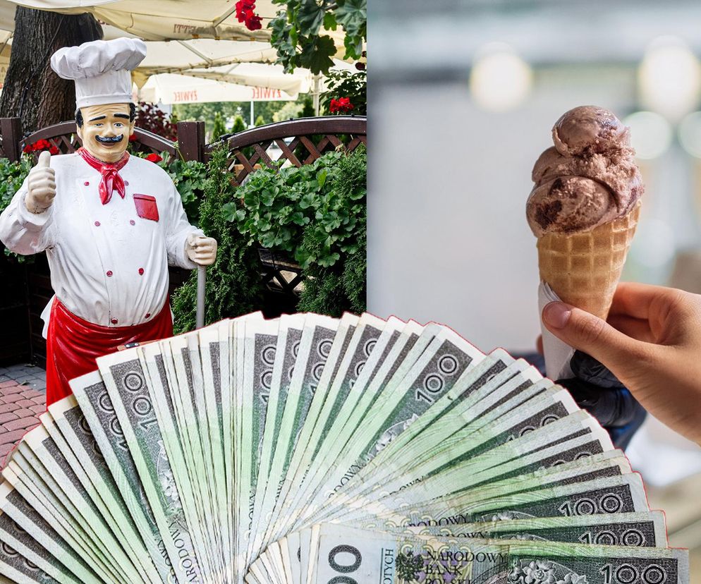 Figurka kucharza z uniesionym kciukiem obok rzędu banknotów studolarowych i ręka trzymająca wafel z lodami. Obraz symbolizuje rosnące zadłużenie sezonowych biznesów gastronomicznych, z którym boryka się wielu przedsiębiorców, o czym można przeczytać na Super Biznes.