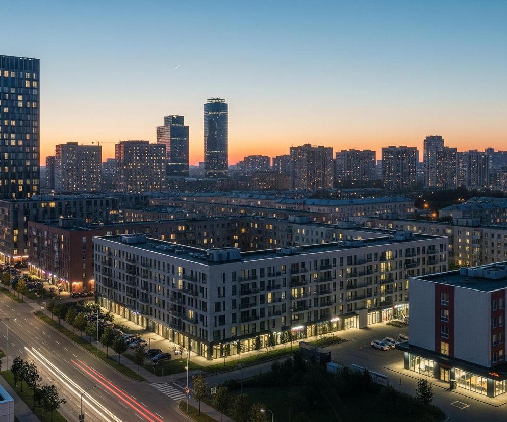 Panorama miasta o zmierzchu ukazuje linię horyzontu z wieżowcami na tle pomarańczowo-niebieskiego nieba. W prawym dolnym rogu dominują budynki mieszkalne z oświetlonymi oknami i parterami, a przed nimi rozciąga się ulica z rozmazanymi światłami samochodów tworzącymi smugi światła. Centralnie umieszczony jest niski, beżowy blok mieszkalny z dziedzińcem i licznymi oknami, odzwierciedlającymi wewnętrzne światło.