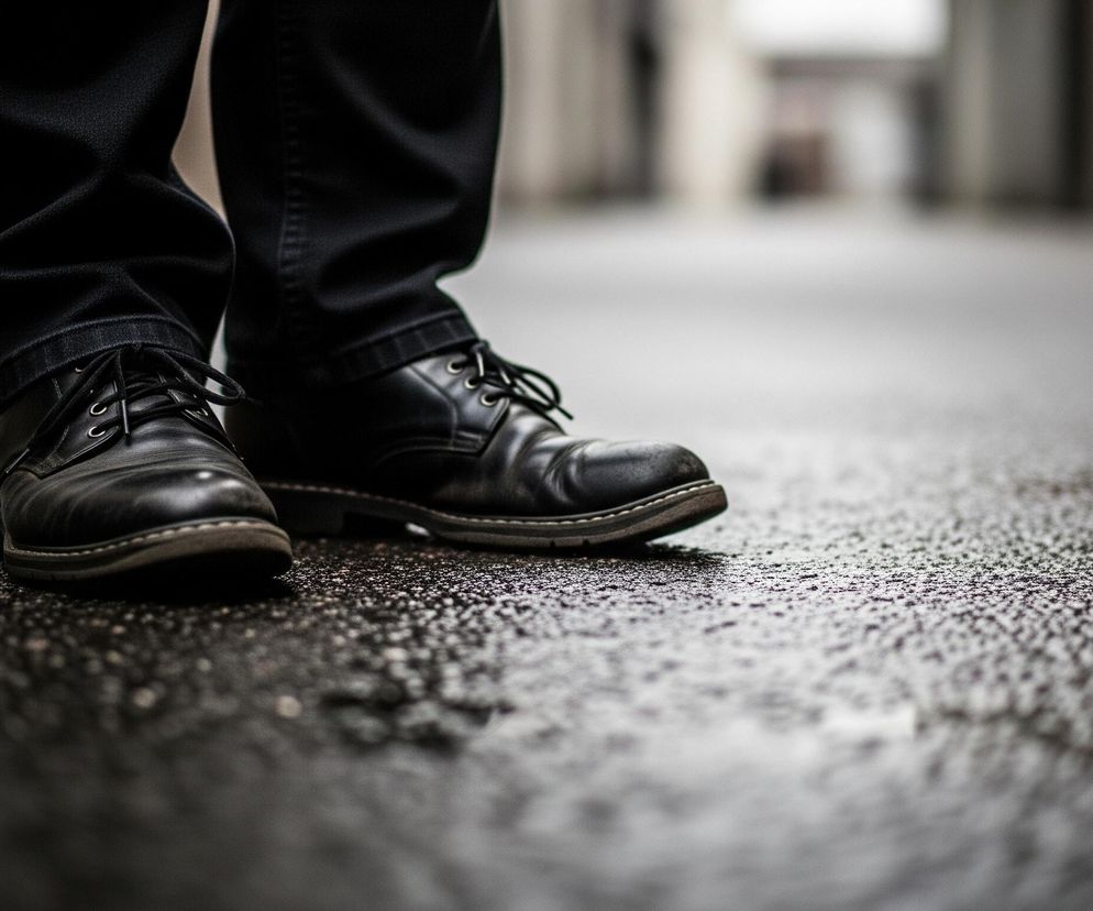 Na pierwszym planie widoczne są stopy osoby ubranej w czarne spodnie i skórzane, sznurowane buty. Spodnie mają drobne zagniecenia i matową teksturę, natomiast buty są lśniące i nieco zabrudzone, z jasnymi szwami wzdłuż podeszwy. Stopy stoją na mokrej, ciemnej powierzchni, prawdopodobnie asfalcie, pokrytej licznymi, drobnymi kroplami wody, które odbijają światło. Tło jest rozmyte, ukazując niewyraźny zarys miejskiej uliczki lub zaułka, z jasnymi ścianami budynków po obu stronach.