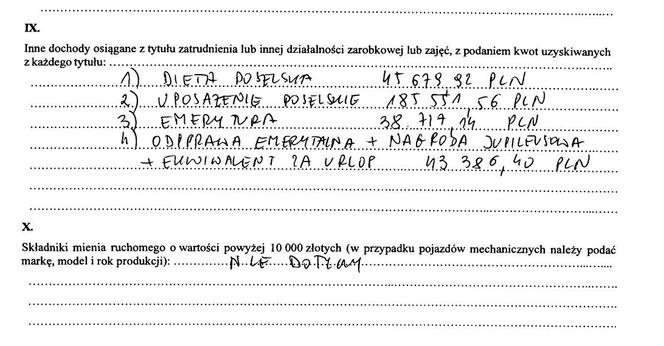Fragment oświadczenia majątkowego