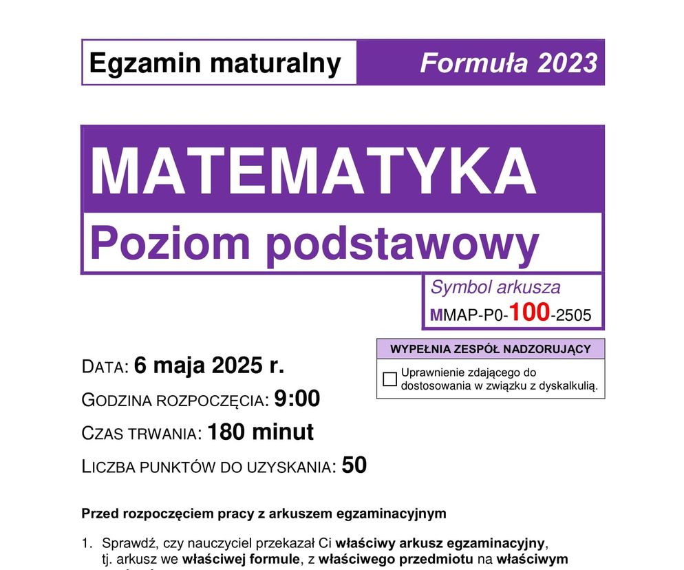 Arkusz maturalny - matura z matematyki 2025