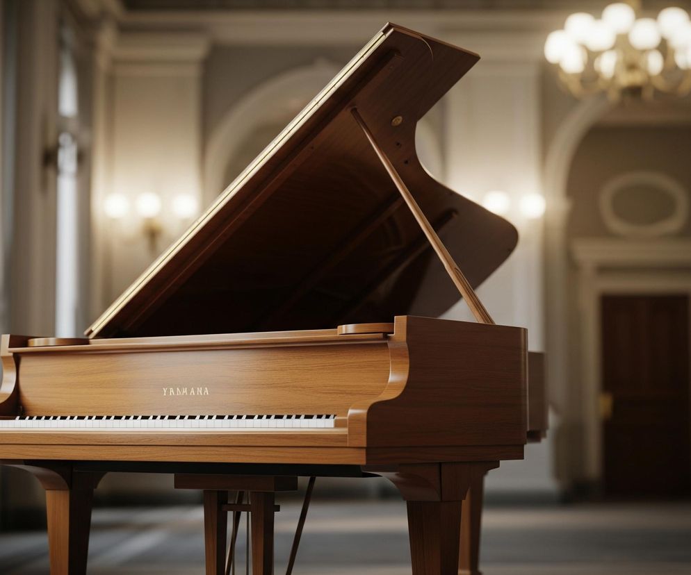 Centralne miejsce na zdjęciu zajmuje brązowe pianino fortepianowe z otwartą klapą. Instrument ma jasnobrązową, drewnianą obudowę, a na pulpicie nutowym widnieje złoty napis YAMANA. Klawiatura składa się z rzędów białych i czarnych klawiszy. Pianino stoi na eleganckim, jasnym tle, które tworzy wnętrze przestronnej sali. W tle widać ściany w jasnych odcieniach szarości lub beżu, zdobione listwami i kolumnami. Na ścianach wiszą świecące kinkiety, a sufit oświetlają rozświetlone żyrandole, rzucające ciepłe światło na całe pomieszczenie.
