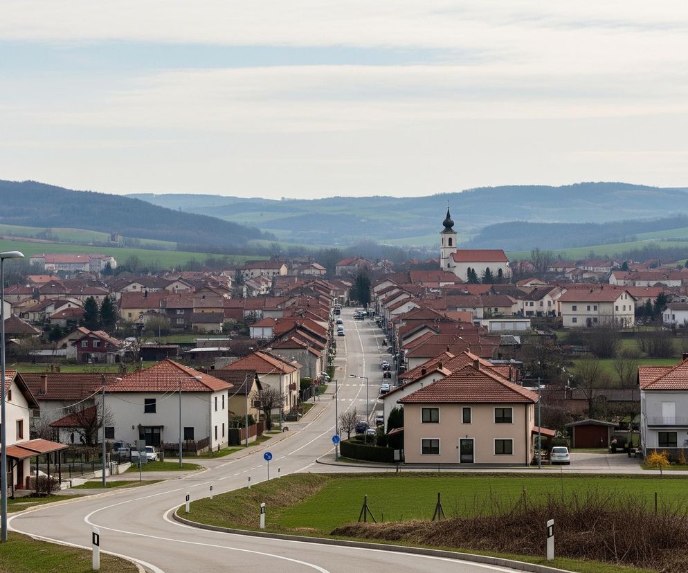 Asfaltowa droga, oznaczona białymi liniami, wijąc się przez zielone wzgórza, prowadzi do niewielkiego miasteczka. Po obu stronach drogi rozciągają się pola i domy z czerwonymi dachami, ustawione wzdłuż ulicy. W tle dominują pagórkowate tereny, na horyzoncie widoczne są góry, a nad nimi rozpościera się jasne, zachmurzone niebo. W centrum miasteczka wyróżnia się biały kościół z wysoką, czarną wieżą zwieńczoną ostrym szpicem.