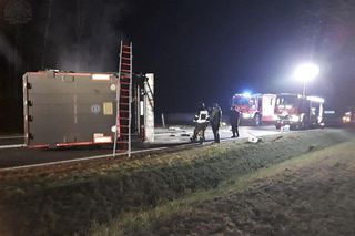 Wypadek tira na drodze krajowej nr 70. Zginęło kilkadziesiąt świń [ZDJĘCIA].