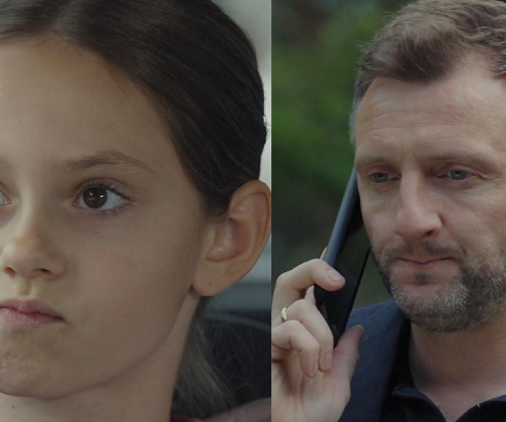 Zamyślona Hania (Wiktoria Basik) i Bartek (Arkadiusz Smoleński) rozmawiający przez telefon. Ujęcie odzwierciedla napięcie związane z ingerencją Hani w życie wujka, opisane w artykule M jak miłość. Więcej o tym odcinku przeczytasz na portalu Super Seriale.