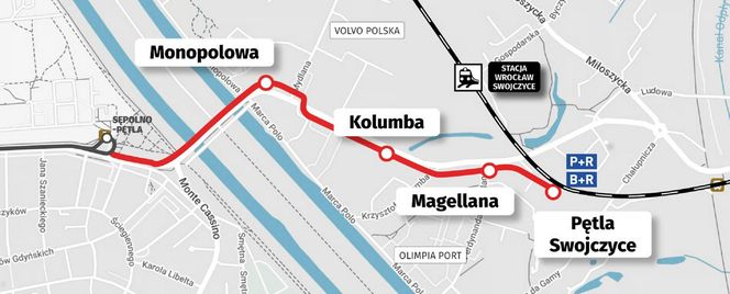 Tramwaj na Swojczyce we Wrocławiu - mapa