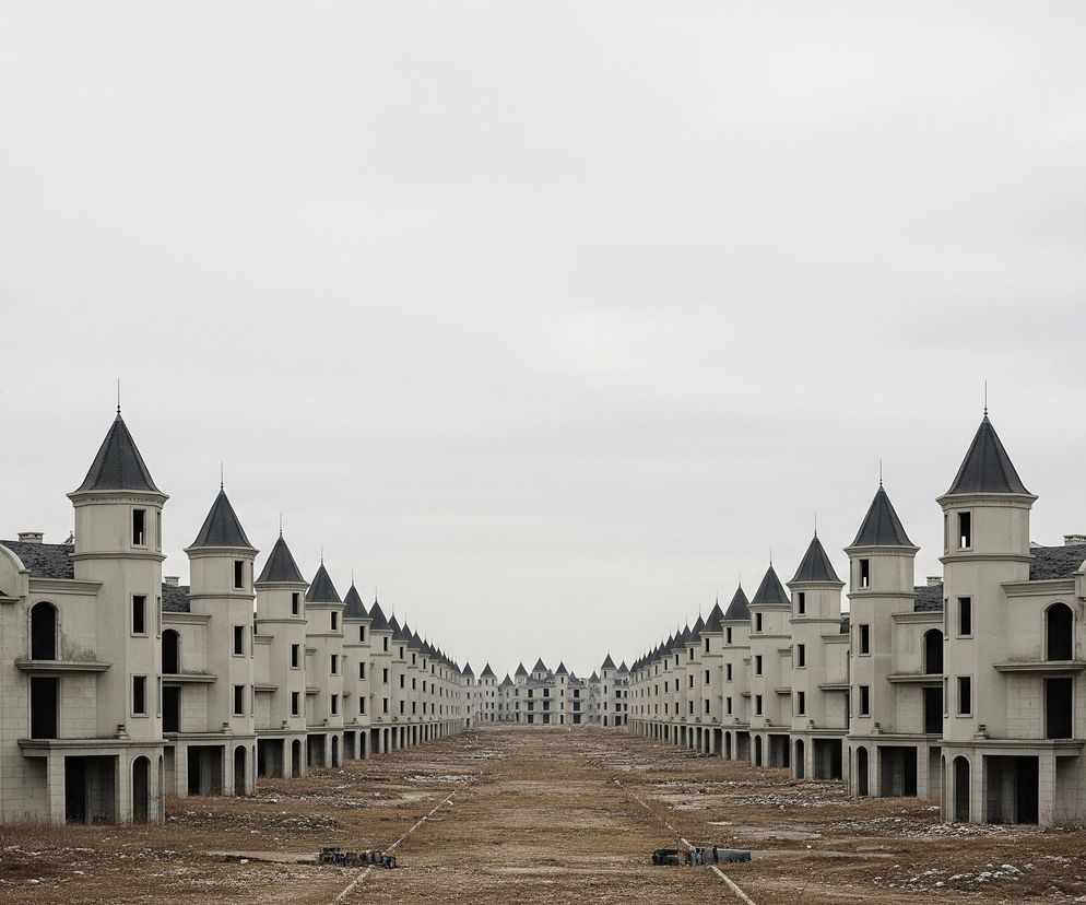 Dwa rzędy identycznych, niedokończonych budynków rozciągają się ku horyzontowi pod pochmurnym, jasnoszarym niebem. Każdy budynek w szeregu ma jasnoszare ściany, czarne dachy i liczne ciemne, puste otwory okienne i drzwiowe. Centralna ścieżka między rzędami budynków jest brązowo-szara, pokryta rzadką, suchą trawą i gruzem.