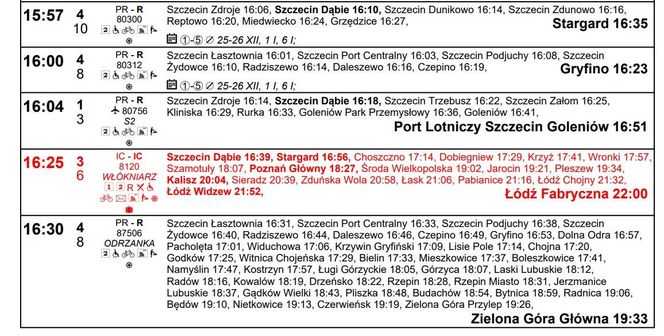Rozkład jazdy dla stacji Szczecin Główny na zimę 2024/2025