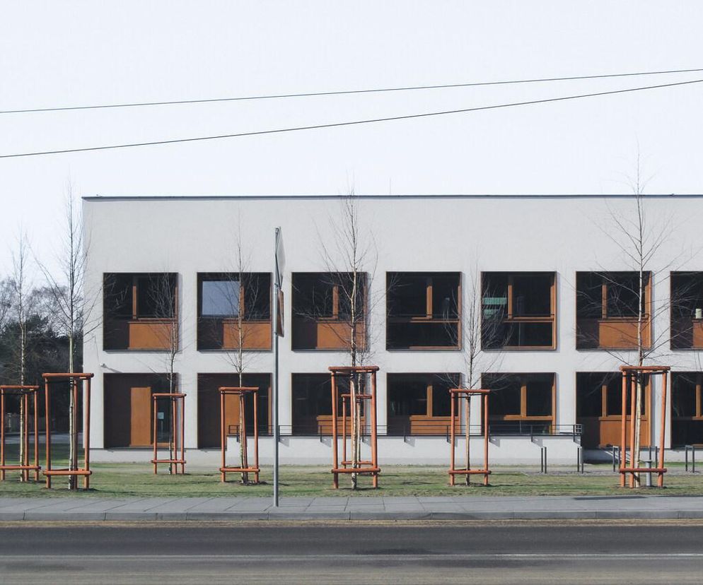 Nowoczesny budynek CLXIII Liceum Ogólnokształcącego w Warszawie im. Czesława Niemena, autorstwa Plus3-Architekci. Biała fasada z rzędami kwadratowych okien z drewnianymi ramami, na trawniku młode drzewa w pomarańczowych osłonach. O projekcie przeczytasz na Architektura Murator Plus.