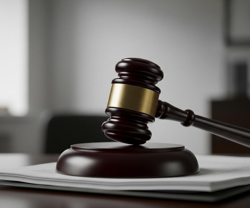 Młotek sędziowski wykonany z ciemnego drewna z metalową, złotą opaską na głowicy spoczywa na owalnej podstawie również z ciemnego drewna, która leży na stosie białych kartek papieru. Obiekty te są umieszczone na ciemnym, błyszczącym blacie stołu. Tło jest rozmyte, z jasnoszarą ścianą i niewyraźnymi zarysami okna po lewej stronie oraz ciemniejszych elementów mebli po prawej.