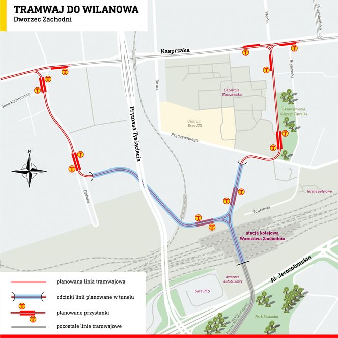 Tramwaj Kasprzaka – Dworzec Zachodni – mapa