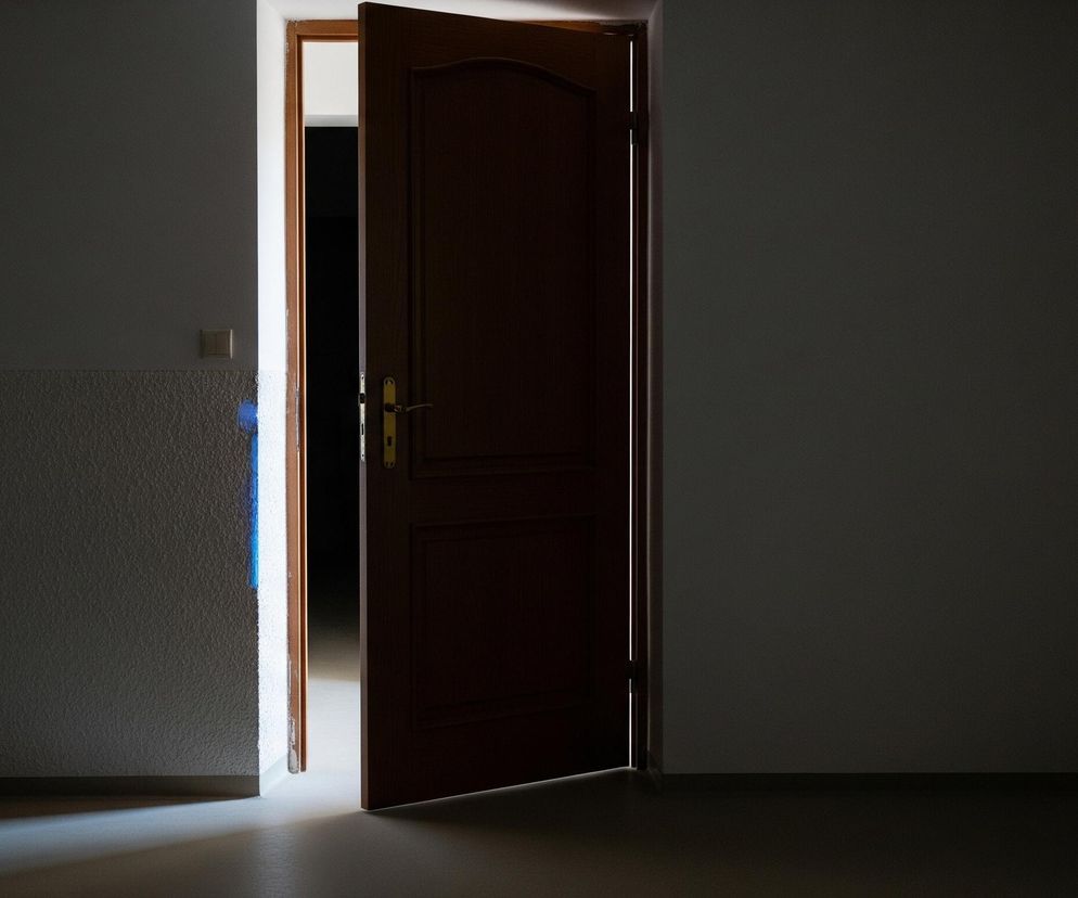 Otworzone brązowe drzwi wpuszczają jasne, białe światło do ciemnego pomieszczenia. Światło tworzy trapezoidalny kształt na jasnej podłodze i oświetla lewą ścianę, na której widoczny jest beżowy włącznik światła oraz niebieskie ślady farby. Po prawej stronie dominują ciemne ściany i podłoga, tworząc kontrast z oświetlonym fragmentem obrazu.