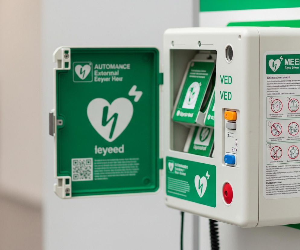 Na pierwszym planie widoczny jest biały defibrylator AED, częściowo otwarty. Wnętrze drzwiczek oraz tylna ścianka obudowy są jaskrawozielone z białymi napisami i ikonami symbolizującymi serce z piorunem. Wewnątrz urządzenia znajdują się zielone nakładki z podobnymi symbolami. Na prawej części obudowy umieszczono panel z przyciskami w kolorach pomarańczowym, niebieskim i czerwonym, a także instrukcje użycia w formie piktogramów i tekstu. Tło jest jasne, rozmyte, sugerujące pomieszczenie z białymi ścianami.