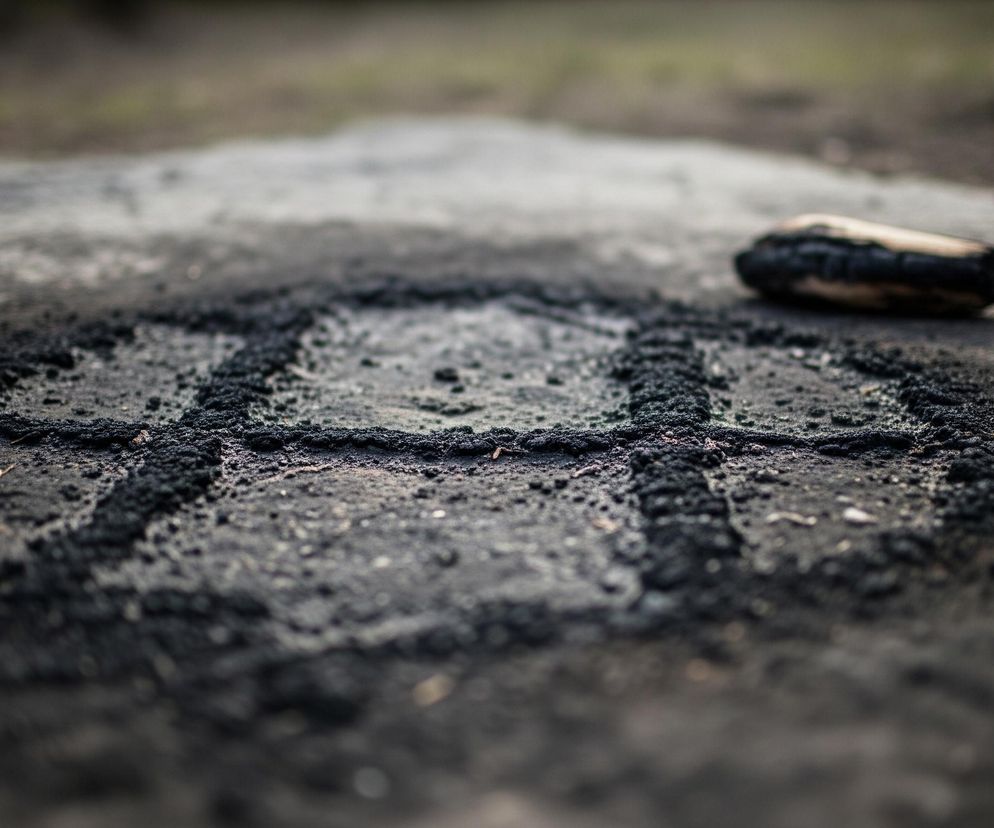 Na pierwszym planie, centralnie, widać nieregularny okrąg z grubych, czarnych grudek przypominających popiół lub sadzę, w którym wrysowano prostokątny kształt, również z tych samych grudek. W prawym górnym rogu leży zwęglony, podłużny kawałek drewna z jasną, niespaloną częścią. Całość znajduje się na szarym, ziarnistym podłożu, zamazanym w tle.