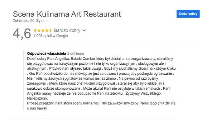 Odpowiedź restauracji Scena Kulinarna na jedną z opinii w Google