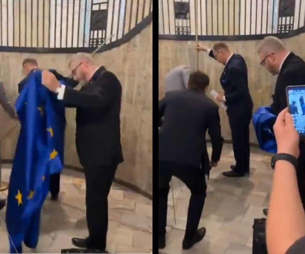 Grzegorz Braun w katowickim ministerstwie zerwał unijną flagę i wytarł o nią buty