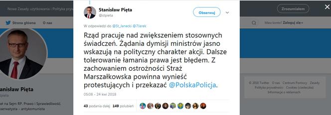 POSEŁ STANISŁAW PIĘTA O PROTESTUJĄCYCH: "WYNIEŚĆ NIEPEŁNOSPRAWNYCH I ODDAĆ POLICJI".