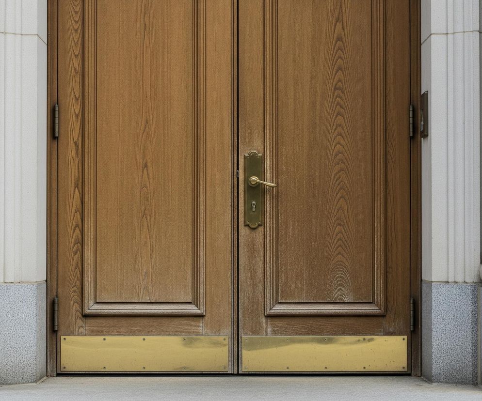 Pośrodku kadru znajdują się duże, podwójne, drewniane drzwi o brązowym kolorze z widocznym usłojeniem. Lewe skrzydło drzwi jest pozbawione klamki i zamka, natomiast prawe skrzydło posiada mosiężną klamkę w kształcie zakrzywionego uchwytu oraz otwór na klucz. Obie części drzwi na dole posiadają prostokątne, mosiężne płyty ochronne przymocowane śrubami. Drzwi otoczone są jasnoszarymi, kamiennymi filarami, z których każdy ma pionowe, żłobione zdobienia. Poniżej filarów i drzwi widać cokół z ciemniejszego, nakrapianego kamienia, a najniżej jasnoszary chodnik lub próg.