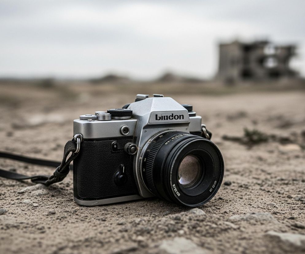 Na pierwszym planie leży na piaszczystym, brązowym gruncie stary aparat fotograficzny z czarnym paskiem, widoczny pod lekkim kątem. Aparat ma srebrny korpus z czarnymi wstawkami imitującymi skórę i czarny obiektyw z widocznymi na nim cyframi i literami. W tle, rozmyte i nieostre, widać zrujnowany budynek oraz puste, szare niebo.