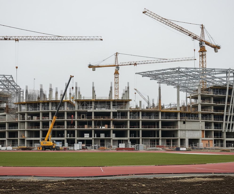 W centrum obrazu widoczny jest duży, niedokończony budynek stadionu o owalnym kształcie, z licznymi szarymi, betonowymi kolumnami i poziomymi belkami tworzącymi piętra. Na zewnątrz konstrukcji, w górnej części, znajduje się ozdobna, falista fasada z pionowych, beżowo-szarych paneli. Wokół i wewnątrz budowy rozstawione są cztery żółte żurawie wieżowe oraz jeden mobilny żuraw. Na pierwszym planie rozciąga się zielona murawa boiska, otoczona czerwoną bieżnią z białymi liniami, częściowo pokryta warstwą ciemnej ziemi. Pochmurne, jasnoszare niebo stanowi tło dla sceny.