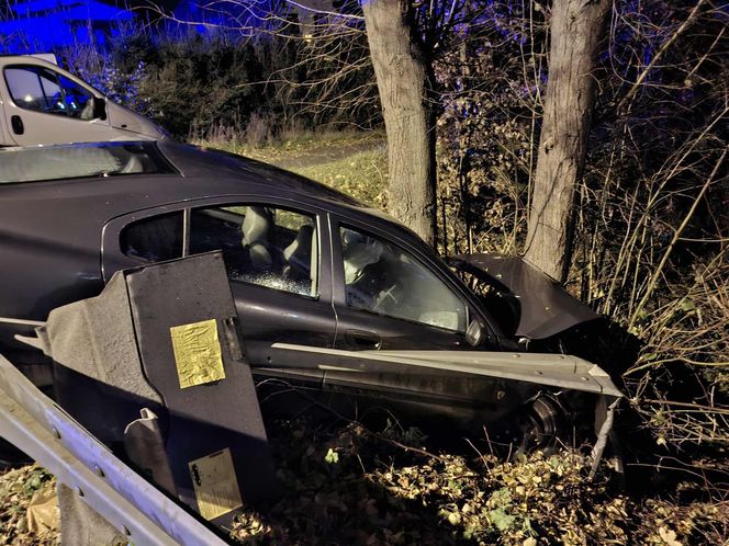 Szalony rajd pijanego kierowcy w Brodach. Uszkodził trzy auta, skończył na drzewie