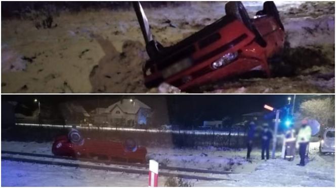 Płońsk. POTĘŻNE zderzenie volkswagena z szynobusem! Auto wylądowało na dachu [ZDJĘCIA]