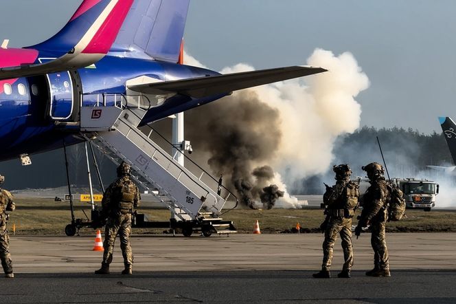 Awaryjne lądowanie samolotu pasażerskiego z terrorystami na pokładzie. Widowiskowe ćwiczenia służb na lotnisku w Katowicach