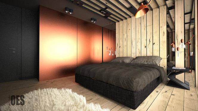 Sypialnia z drewnem i elementami miedzi