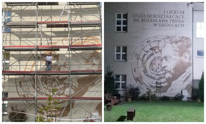 Mural można zobaczyć tylko od strony ulicy Sienkiewicza, na terenie zielonym I LO im. Bolesława Prusa w Siedlcach.