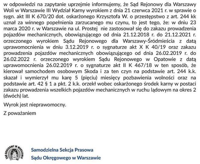 Pismo z Sądu Rejonowego w Warszawie
