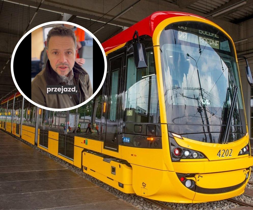 Przełom na budowie! Pierwszy tramwaj dojechał do Wilanowa, na pokładzie był Trzaskowski