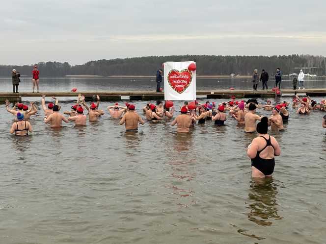 WOŚP 2025 w Olsztynie. Morsy w szczytnym celu wykąpali się w lodowatym jeziorze Ukiel [ZDJĘCIA]