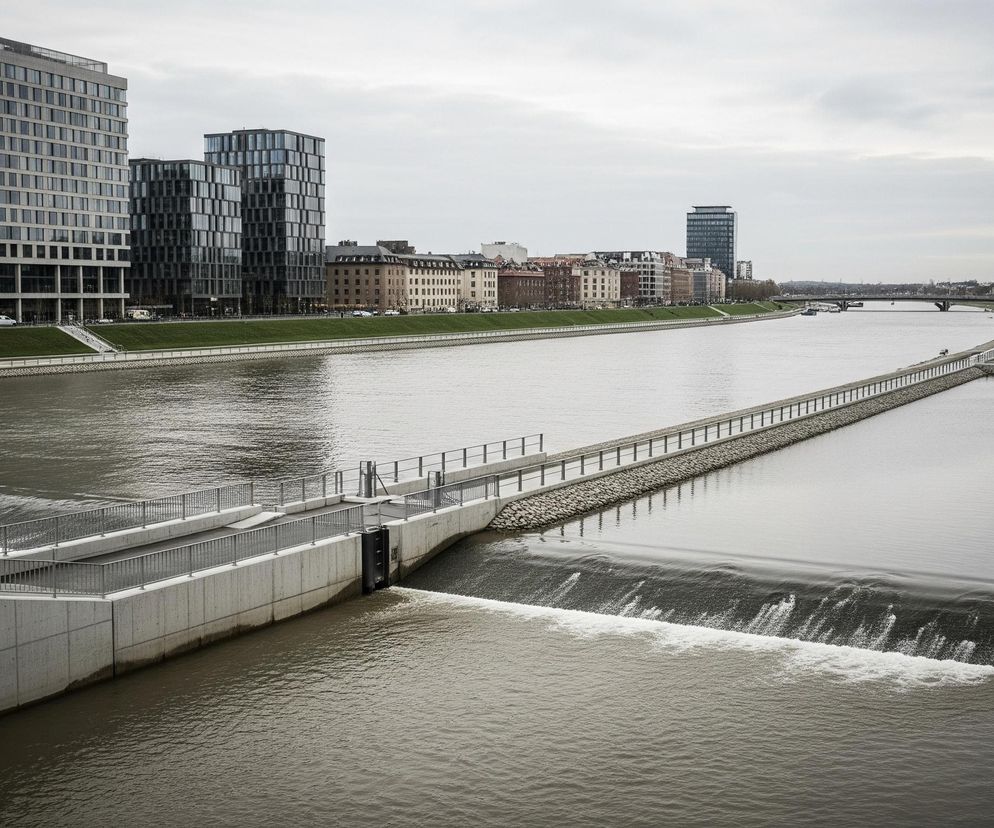 Szeroki kadr ukazuje miejski krajobraz z rzeką w centrum. Na pierwszym planie, po lewej stronie, znajduje się betonowa konstrukcja ze srebrnymi barierkami, która tworzy rodzaj śluzy lub zapory, powodując niewielki wodospad. Dalej wzdłuż rzeki ciągnie się długa, kamienista grobla z metalowymi barierkami. Woda w rzece ma szaro-brązowy odcień, a niebo jest zachmurzone, dominują szare barwy.

Po lewej stronie rzeki widać rząd nowoczesnych budynków, w tym wysoki, wielopiętrowy biurowiec z licznymi oknami, oraz dwa podobne, ciemniejsze wieżowce. Dalej, za pasem zielonej trawy i drogą z kilkoma samochodami, widać szereg starszych, niższych kamienic w różnych odcieniach beżu i brązu. W tle, na horyzoncie, rysują się kolejne budynki oraz most, a po prawej stronie rzeki również widać zalesiony brzeg z biegnącą wzdłuż niego drogą.