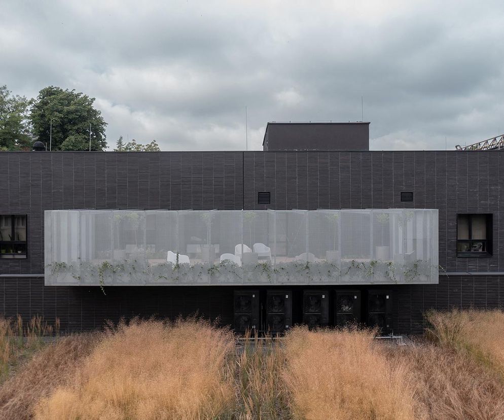 Budynek byłej stołówki Huty Pokój po rewitalizacji na potrzeby ING Banku Śląskiego, autorstwa Małeccy biuro projektowe. Obiekt o ciemnej elewacji z cegły, z białym, ażurowym balkonem pełnym zieleni i białych mebli. Przed budynkiem brązowe trawy. Projekt prezentowany w Architektura Murator Plus.