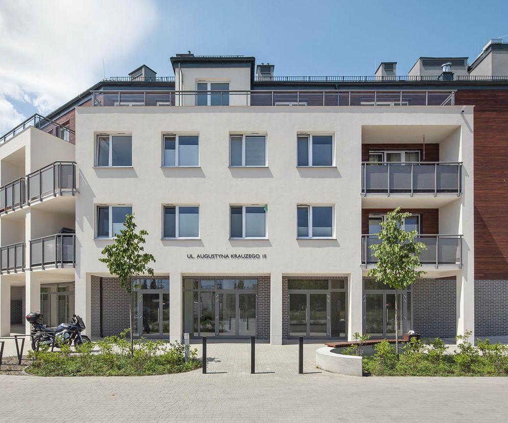 Nowoczesny budynek mieszkalny przy ul. Krauzego 10 na Osiedlu Sokółka Zielenisz w Gdyni, z białymi elewacjami i elementami drewnopodobnymi. Na zdjęciu widać także zagospodarowanie terenu, drzewa i chodnik. Więcej o tym projekcie na Architektura Murator Plus.