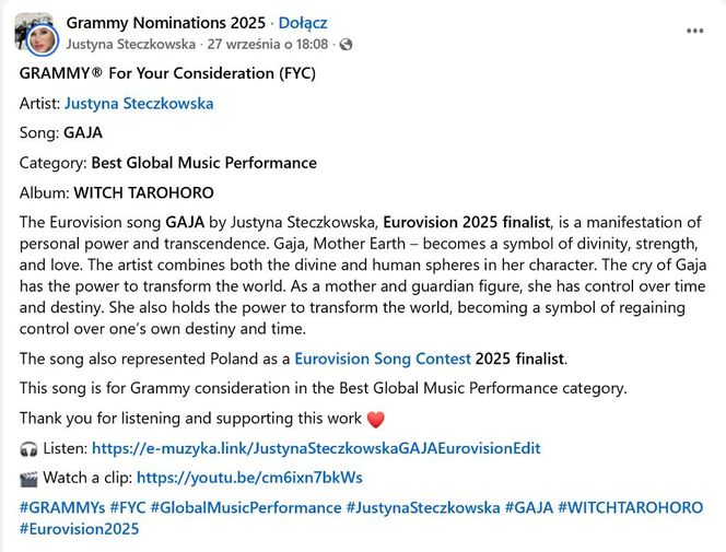 Justyna Steczkowska z nagrodą Grammy? Artystka zgłosiła Gaję do prestiżowego konkursu