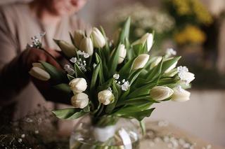 Białe tulipany na wiosennym stole