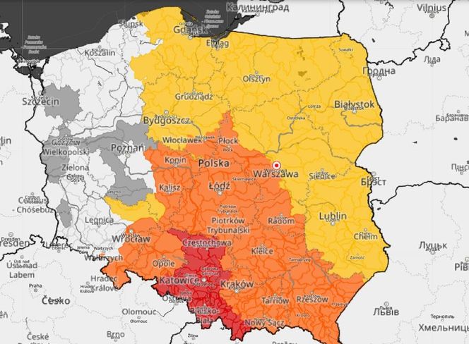 Ostrzeżenia Hydrologiczne - czerwone punkty IMGW głównie w Śląskiem