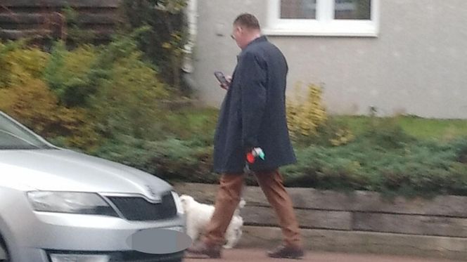 Czesław Michniewicz na spacerze z psem