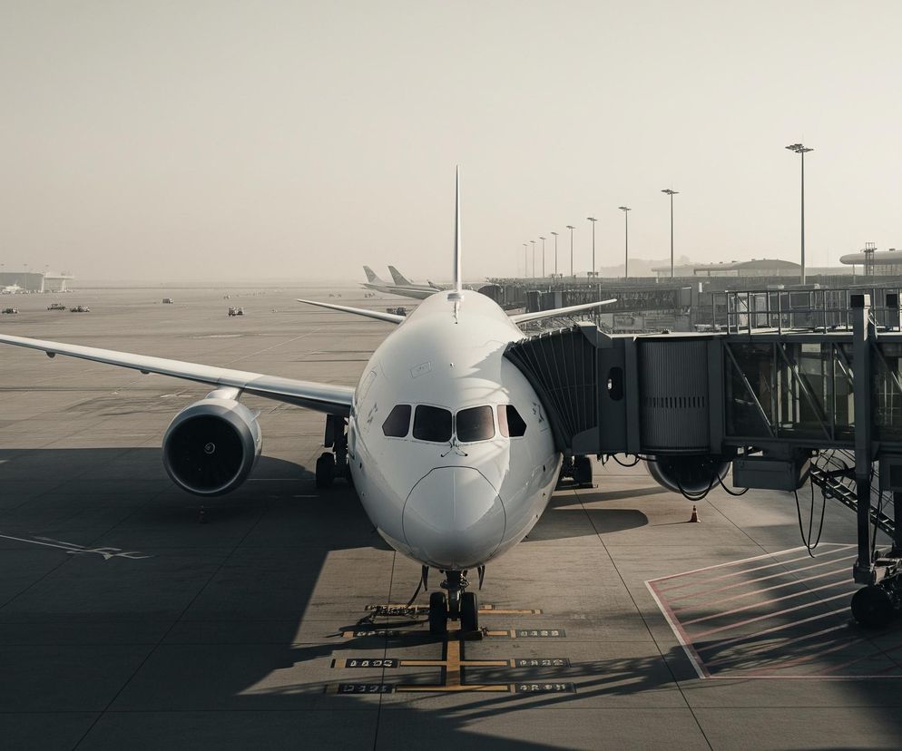 Biały samolot pasażerski stoi na płycie lotniska, przodem do obserwatora, jego kadłub jest połączony z rękawem lotniczym. Po lewej stronie widoczne jest skrzydło z silnikiem odrzutowym, a pod nim ciemny cień na betonie. Tło jest zamglone i jasne, z widocznymi w oddali budynkami terminala oraz rzędem wysokich słupów oświetleniowych. Na betonowej płycie znajdują się żółte i czerwone linie oznakowania.