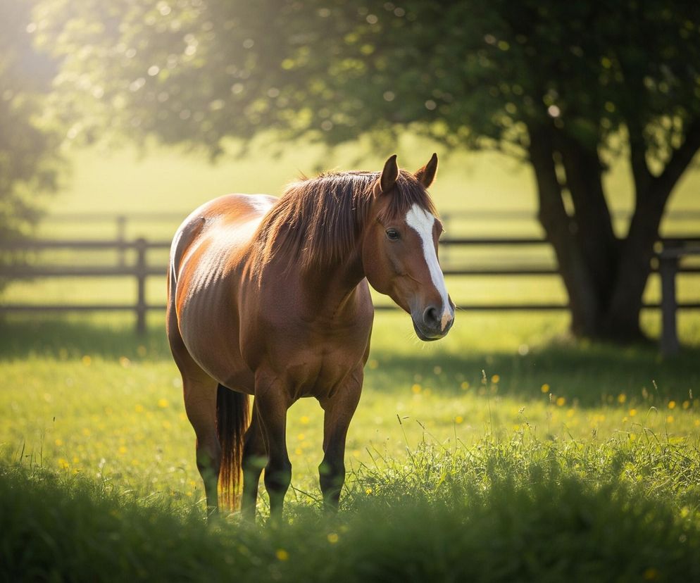 W centrum kadru stoi brązowy koń z białą łysiną na pysku, patrzący w prawo. Jego sierść jest lśniąca, a grzywa ciemnobrązowa. Koń stoi na jasnozielonej łące pokrytej trawą i pojedynczymi żółtymi kwiatami. W tle widać drewniane ogrodzenie i bujne, zielone drzewa, z których jedno, po prawej stronie, ma wyraźnie zarysowany pień i rozłożystą koronę. Scena jest skąpana w ciepłym, rozproszonym świetle, które tworzy mgliste refleksy w górnej części obrazu.