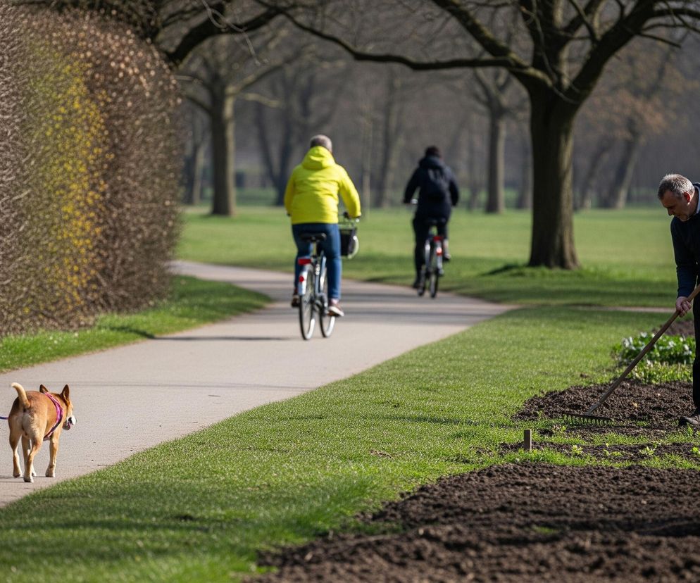 Kobieta z krótkimi, jasnymi włosami, ubrana w granatową kurtkę i dżinsy, idzie po chodniku odwrócona plecami do obserwatora, prowadząc na fioletowej smyczy brązowego psa. Po lewej stronie chodnika znajduje się gęsty, częściowo zazieleniony krzew, a po prawej trawnik. Dalej na chodniku widoczni są dwaj rowerzyści, jeden w jaskrawożółtej kurtce, drugi w ciemnym ubraniu. Po prawej stronie trawnika, na przekopanej grządce z młodymi roślinami, mężczyzna w ciemnej bluzie i spodniach pracuje grabiami. Tło stanowią liczne, bezlistne drzewa i trawniki parkowe.