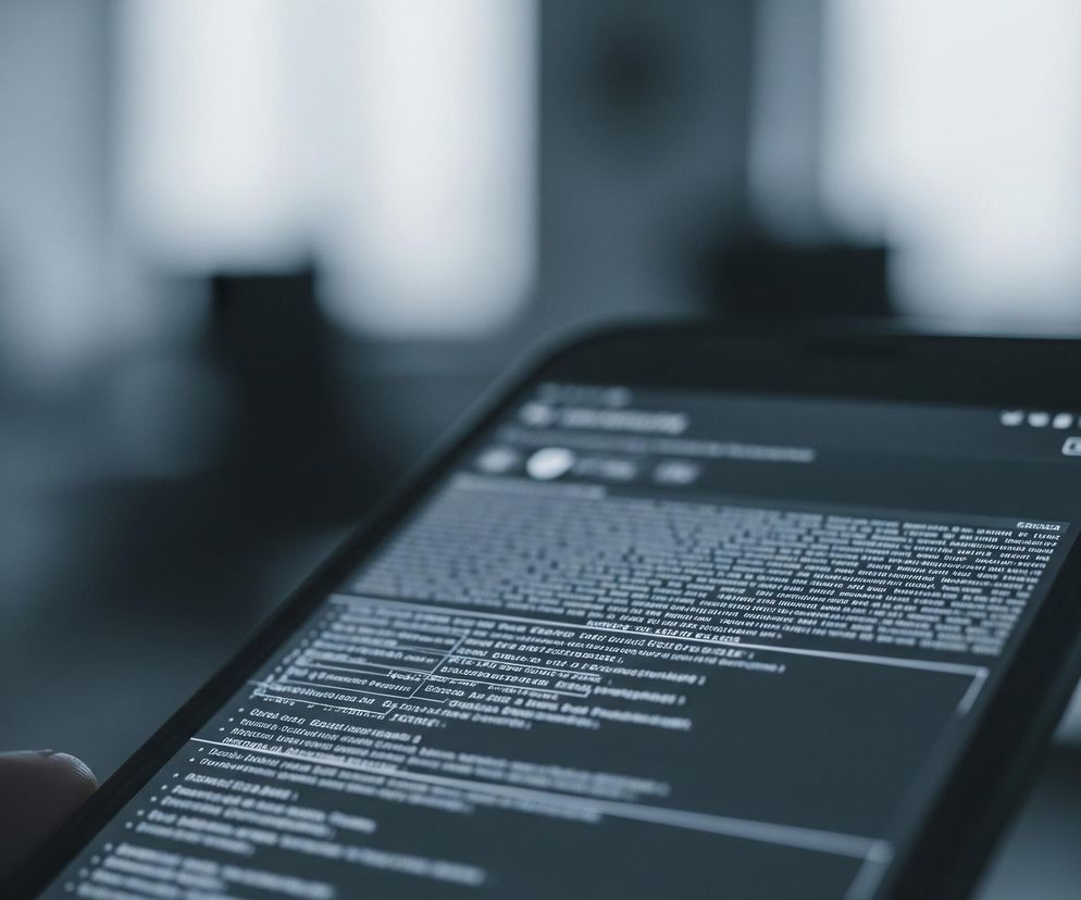 Czarny smartfon z wyświetlonym ciemnym ekranem z jasnymi, drobnymi literami i symbolami zajmuje prawą dolną część kadru. Ekran smartfona jest widoczny pod kątem, z góry w dół i lekko w prawo, prezentując tekst w kolorze białym lub jasnoszarym na ciemnym tle. W lewym dolnym rogu widoczny jest fragment kciuka osoby trzymającej urządzenie. Tło jest rozmyte, w odcieniach szarości i błękitu, z jaśniejszym obszarem po prawej stronie, sugerującym źródło światła lub okno.