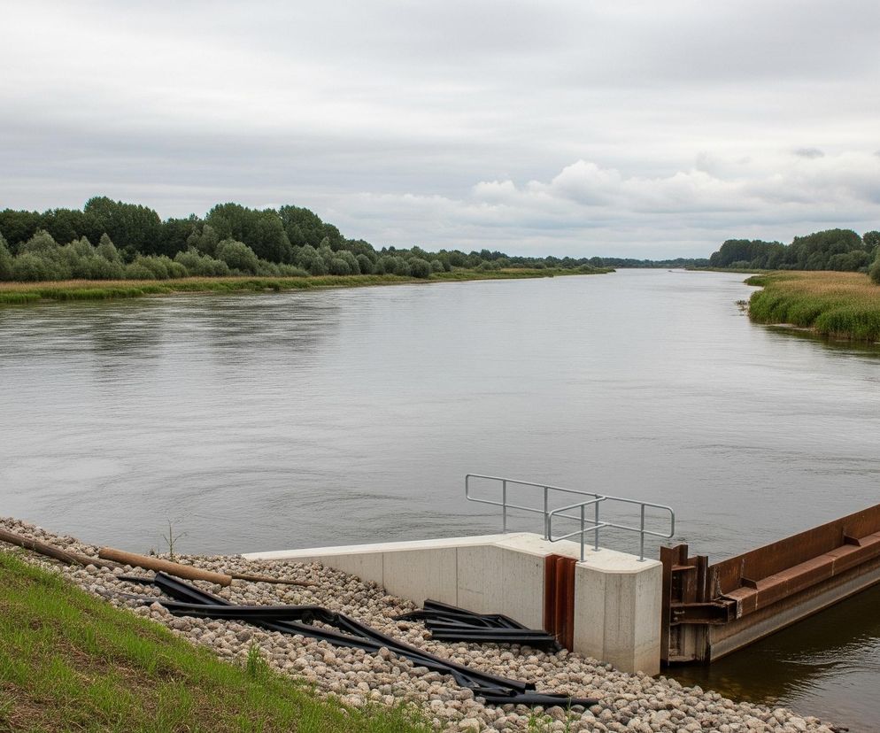 Szeroka rzeka płynie spokojnie pod pochmurnym, szarym niebem, otoczona brzegami porośniętymi zielonymi drzewami i wysokimi trawami. Na pierwszym planie, z prawej strony, widoczna jest betonowa konstrukcja ze stalową balustradą i leżącymi na kamieniach czarnymi rurami, prowadząca do długiej, rdzewiejącej metalowej bariery częściowo zanurzonej w wodzie. Lewy brzeg rzeki jest porośnięty trawą i kamieniami, a w oddali, po obu stronach rzeki, rozciąga się pas gęstych, zielonych lasów.