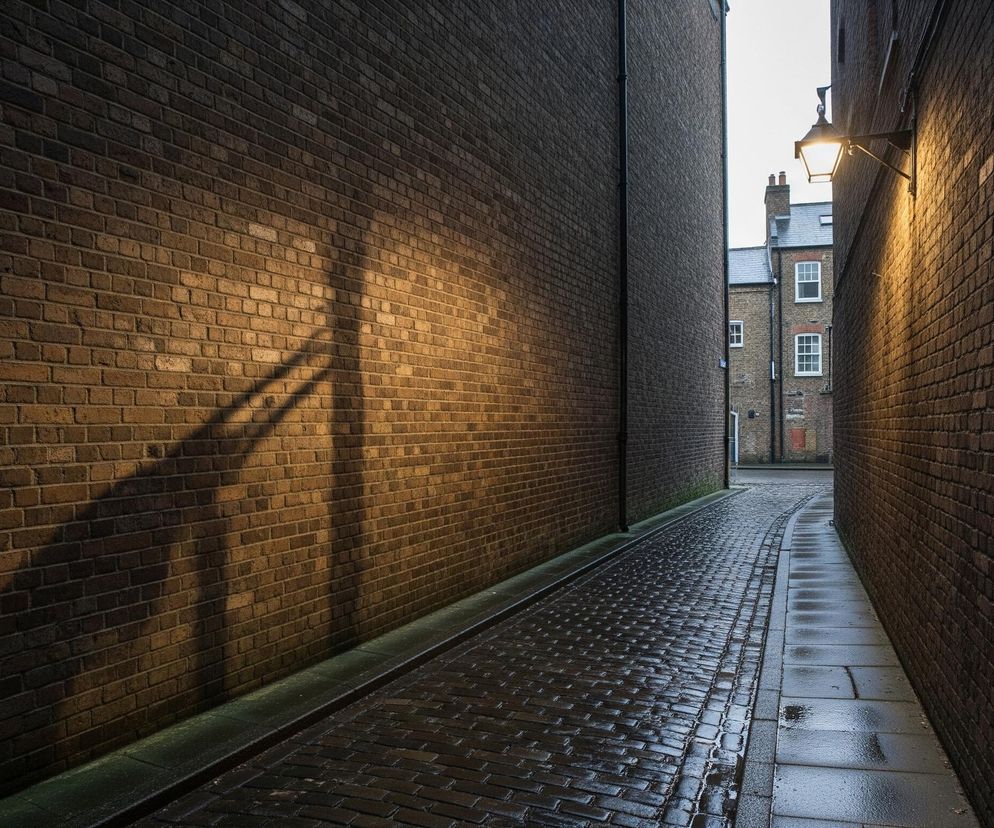 Wąska uliczka, z widocznym brukowanym chodnikiem pośrodku, ciągnie się w głąb obrazu. Po obu stronach uliczki wznoszą się wysokie, ceglane ściany budynków, z czego ta po prawej jest oświetlona ciepłym światłem latarni ulicznej, rzucając wydłużone cienie na przeciwległą ścianę. W oddali, na końcu uliczki, majaczy fragment innego budynku z białymi oknami i dachem. Całość utrzymana jest w stonowanych barwach brązu, szarości i pomarańczy.