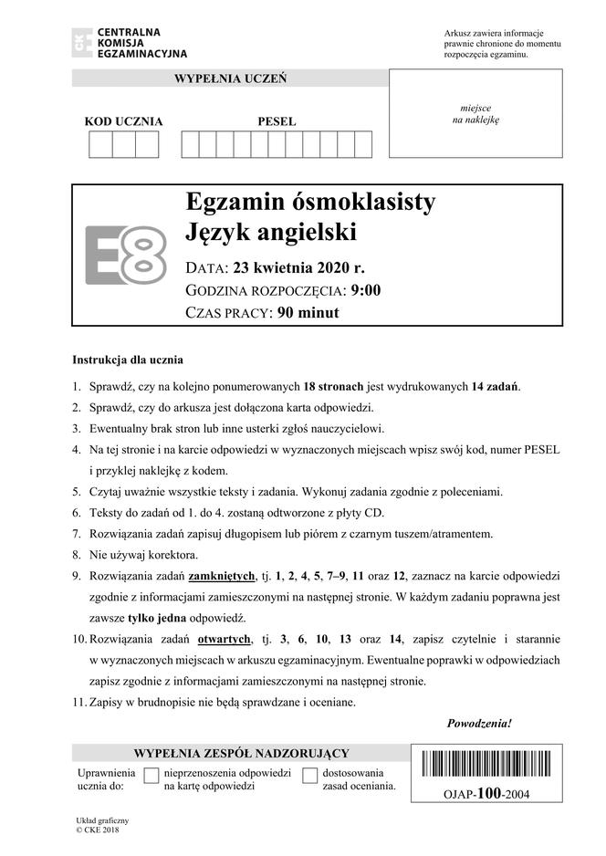 Egzamin ósmoklasisty 2020 - język angielski [ARKUSZ CKE]