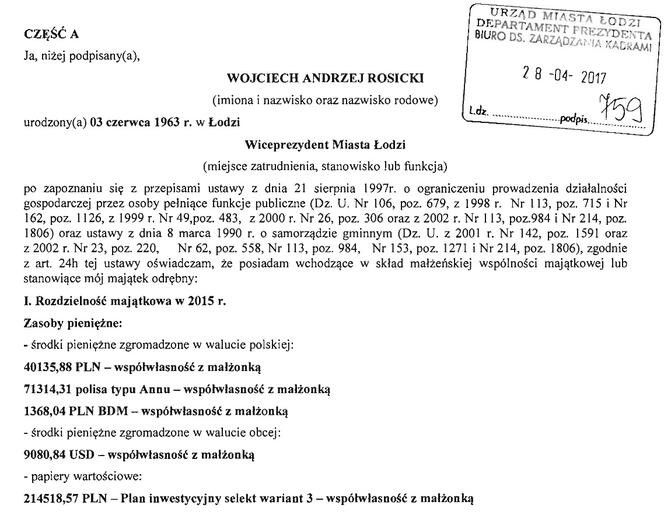 14 Oświadczenie majątkowe wiceprezydenta Wojciecha Rosickiego