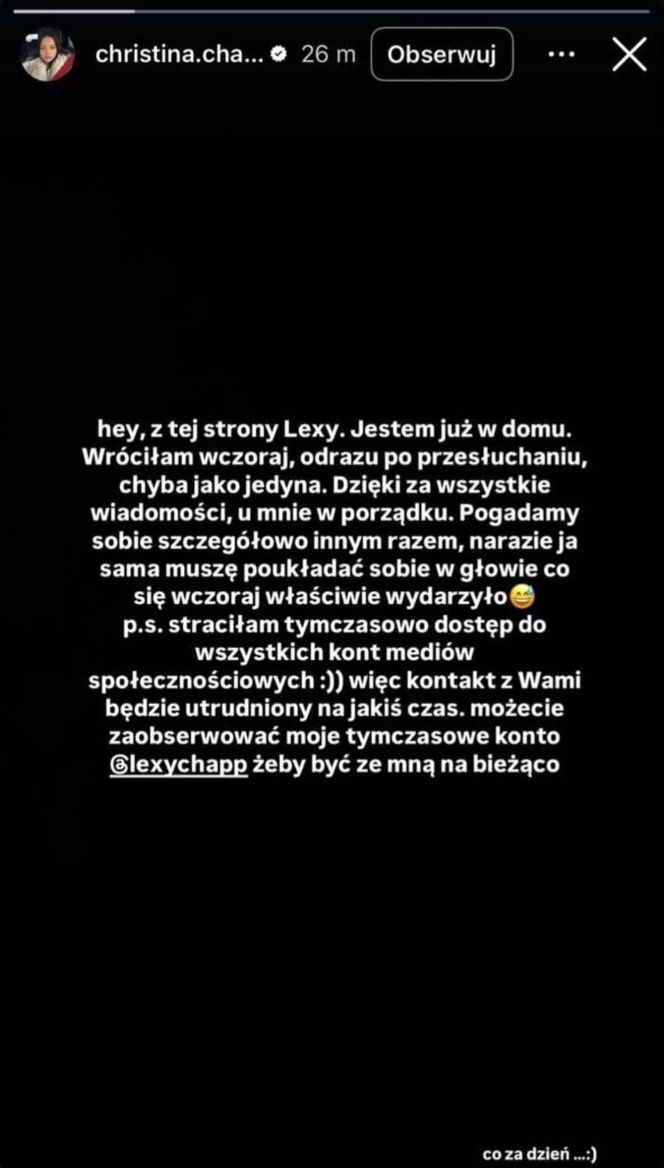 Wpis Lexy C. na koncie siostry