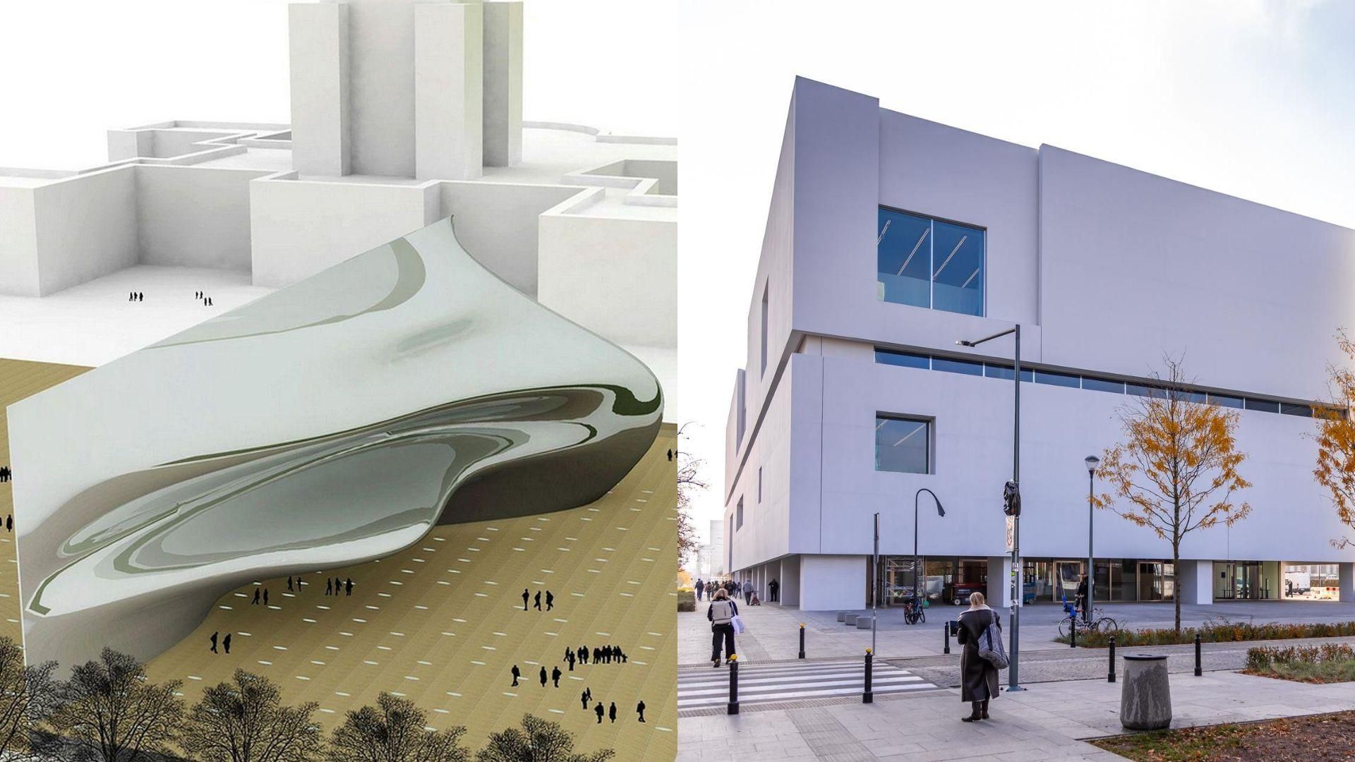 Po lewej: projekt AIA Architects i Jarosława Kozakiewicza. Po prawej: zrealizowany projekt Thomas Phifer and Partners